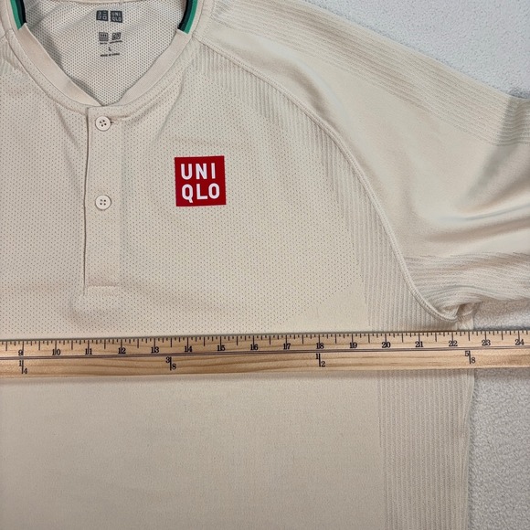 Uniqlo Roger Federer Tennis Polo Men's L Cream RF 2021 Doha Dubai Qatar Henley - Picture 10 of 16
